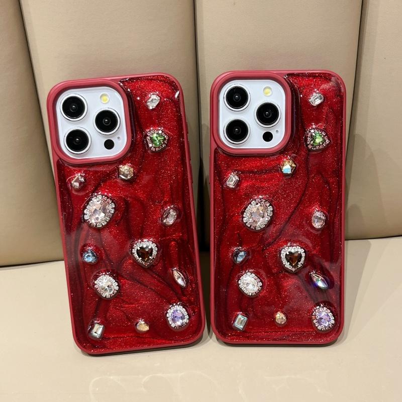 Fashion Luxury Glitter Rhinestone Diamand Phone Case For iPhone 16 Pro Max 15 13 14 12 11 Red Silicone Back Cover