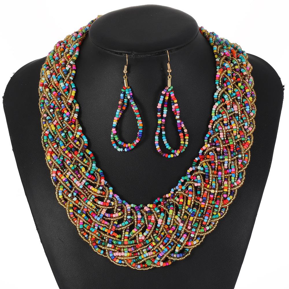 

Handmade Rice Beads Necklace Earrings for Women Bohemian Retro Jewelry Accessories разноцветный