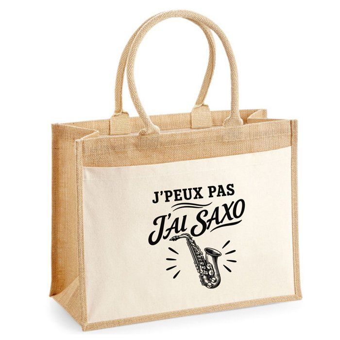 Sac cabas - PLANETEE - J’peux pas j’ai Saxo (minimaliste) - Toile de jute & coton - 43×33×21 cm (21 L) - Illustration noire