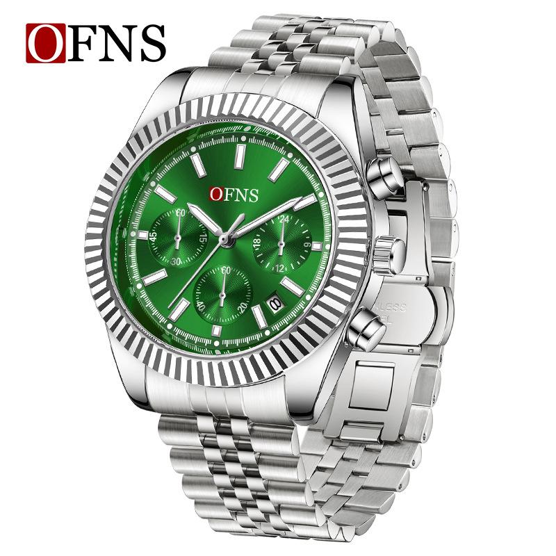 Oufannishi Men's Multifunction Chronograph Quartz Watch with Calendar and Stainless Steel Band, Waterproof Design