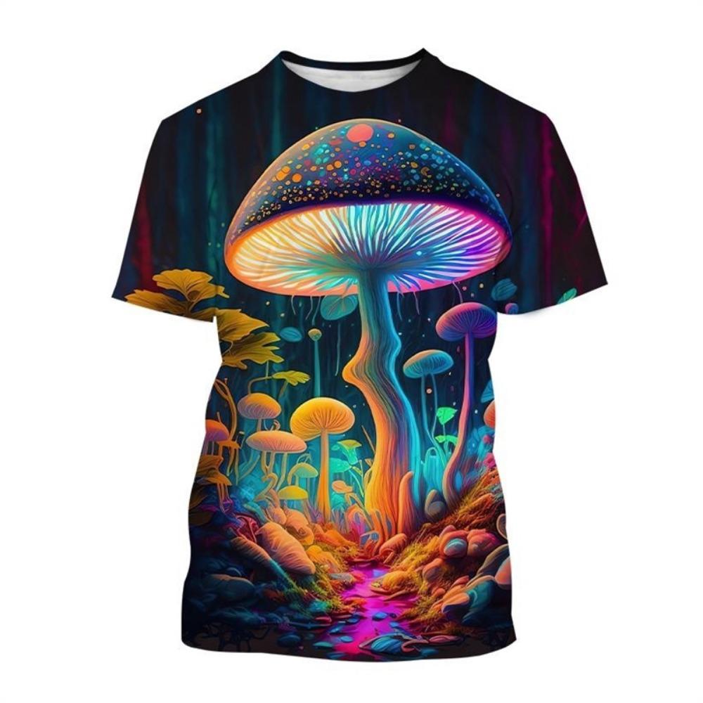 Ανδρικό μπλουζάκι Psychedelic Mushroom 3D Print Forest με στρογγυλή λαιμόκοψη κοντομάνικο φυτά Γραφικό μπλουζάκι μόδας Casual μπλουζάκια unisex