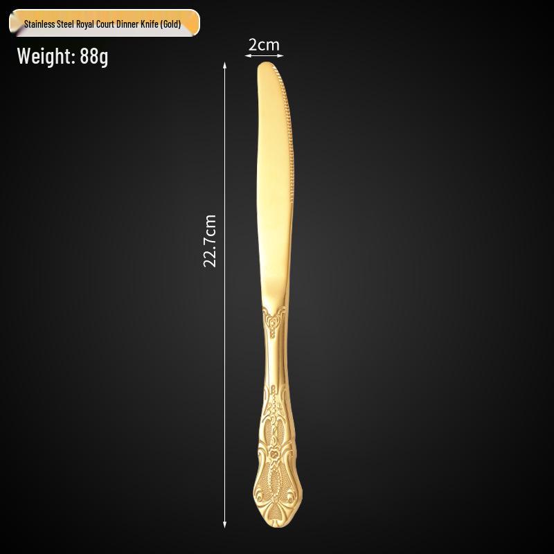 Royal Court 5-Piece Cutlery Set: Vintage Titanium-Plated Gold Stainless Steel Knife, Fork & Spoon with Embossed Hollow Design.