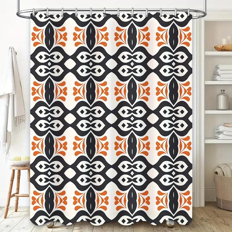 Modern Geometric Shower Curtain Printed Fabric Waterproof Bathroom Decor Black White Orange