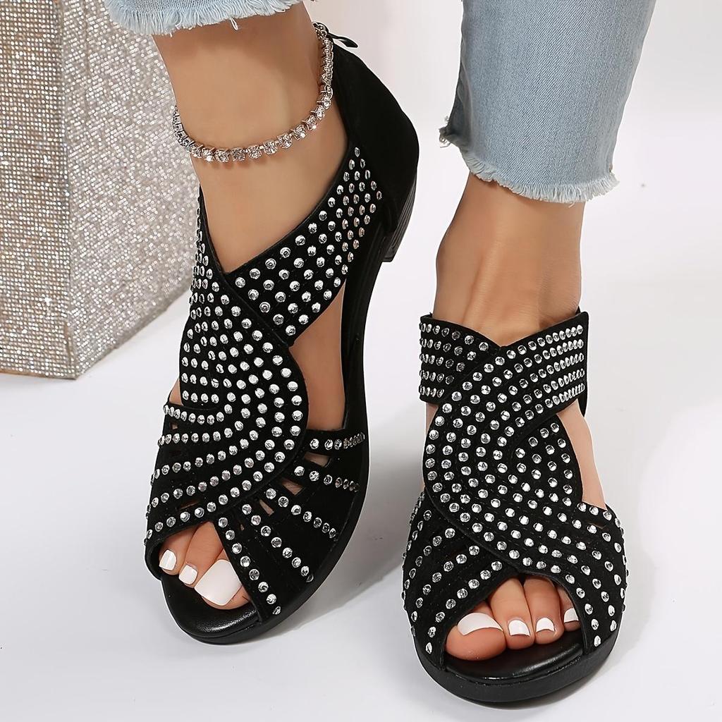 Elegantní dámské sandály na klínku s kamínky Pohodlné s otevřenou špičkou na robustním podpatku Boční zadní zipové sandály