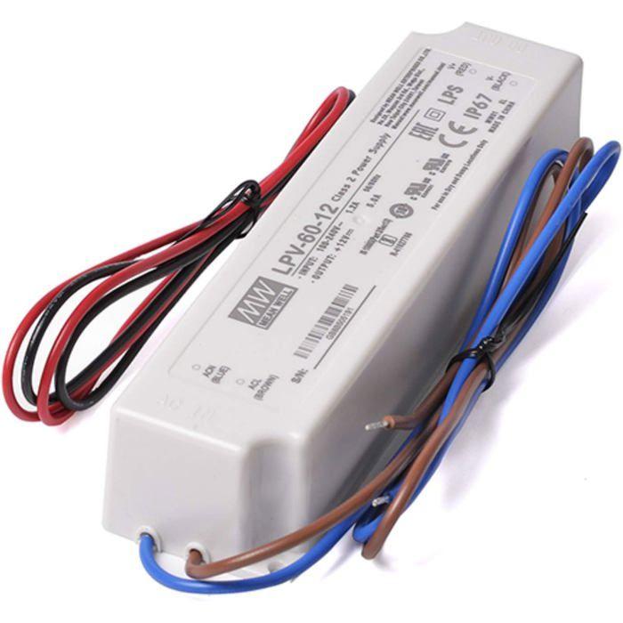 Bloc d'alimentation 12V 60W (5A) IP67 LPV-60-12 AIMOONSA – Alimentation AC/DC étanche pour LED