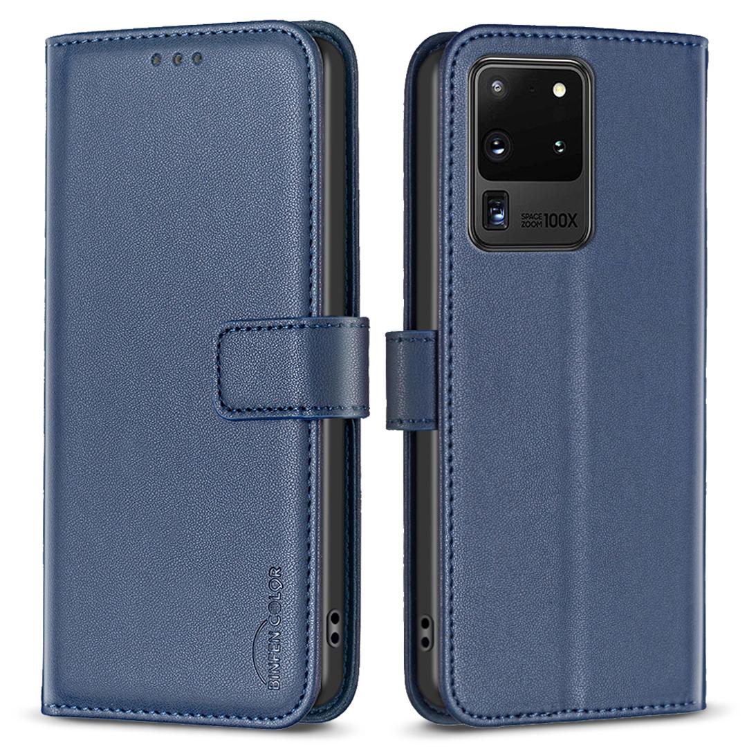 

BINFEN COLOR BF17 TPU+PU Leather Phone Cover for Samsung Galaxy S20 Ultra Stand Magnetic Phone Case Wallet Blue