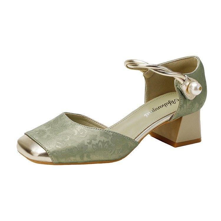 Baotou sandals women's hollow bridesmaids wedding shoes thick heel single shoes square head with cheongsam high heels