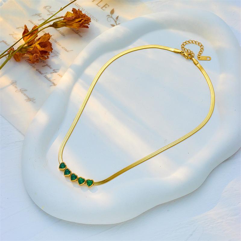 

18K Gold Plated Green Heart Herringbone Necklace, Dainty Emerald Heart Choker for Women, Trendy Jewelry золотой