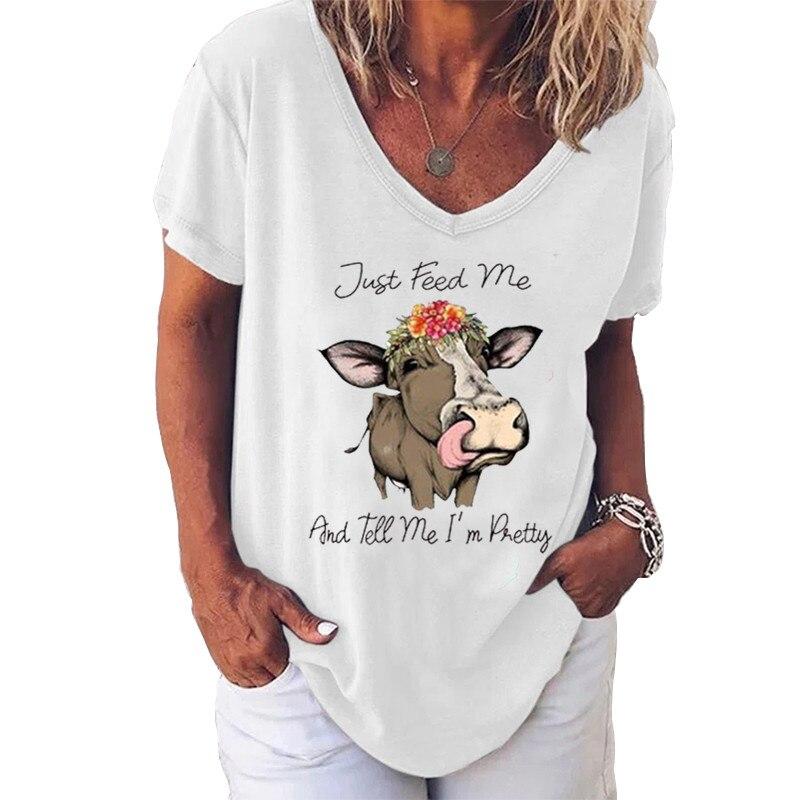 

Fashion Spring Cattle Print Blouses Short Sleeved V-Neck T Shirts Casual 8XL белый