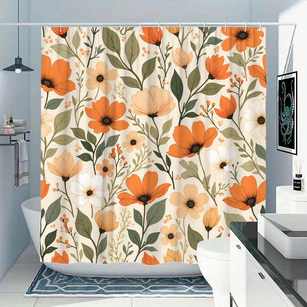 1 Cortina de chuveiro floral vintage com flores macias em tons de laranja, branco e bege e folhas verdes, fundo bege claro, poliéster