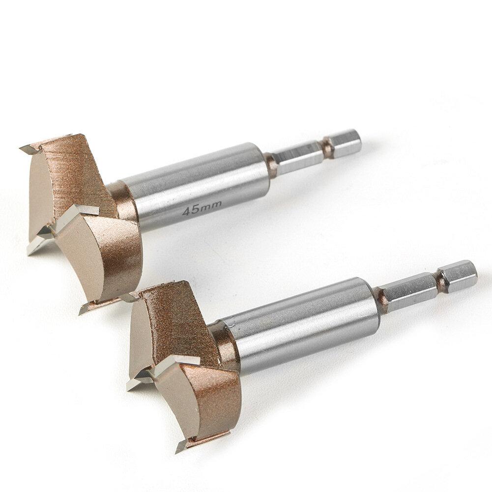 10mm to 50mm Professional Hexagonal Shank Woodworking Hinge Boring Bit Tungsten Carbide Blade Three-Tooth Double Blade Design