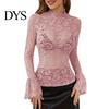 Camicie da Donna Casual Top Collo Alto Manica Lunga Svasata Vestibilità Aderente Camicia Colore Unico Trasparente Ricamo Intrecciato Motivo Floreale Camicette
