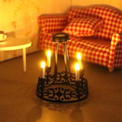 1:Lámpara de pared con luz LED en miniatura para casa de muñecas, candelabro redondo de cuatro cabezas, color negro, modelo de iluminación para el hogar, muebles de decoración, juguete