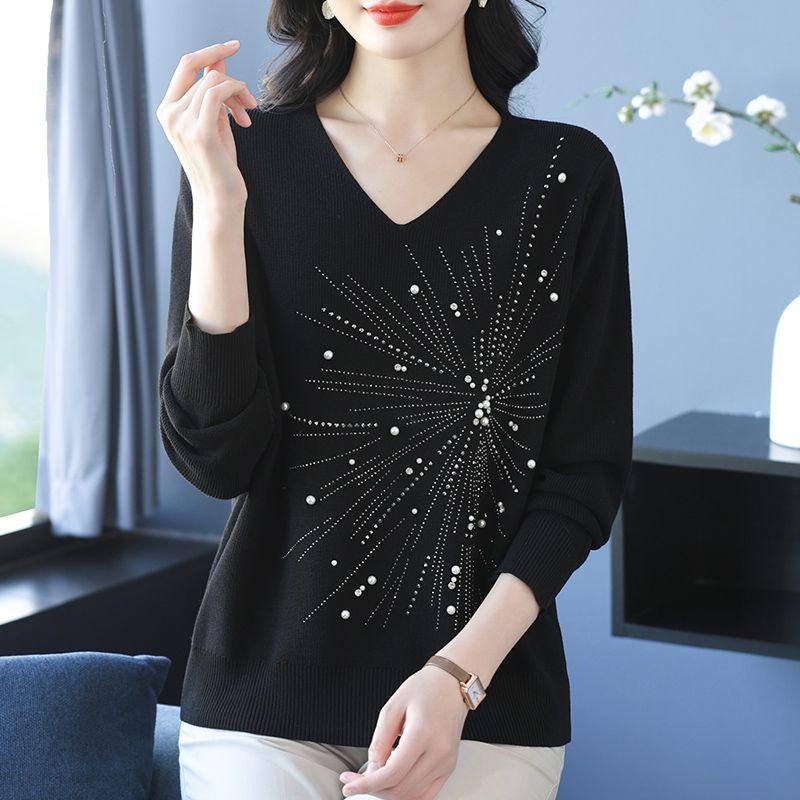 Autumn and Winter Women's V-Neck Sweater Solid Color Loose Beaded Sweater Plus Size Knitted Pullover Top
