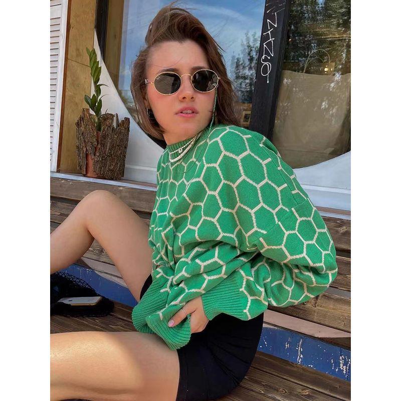 

Fashion New Arrival Autumn and Winter round Neck Loose Temperament Versatile Lattice Pullover Sweater Loose Plaid Sweater Green apricot L