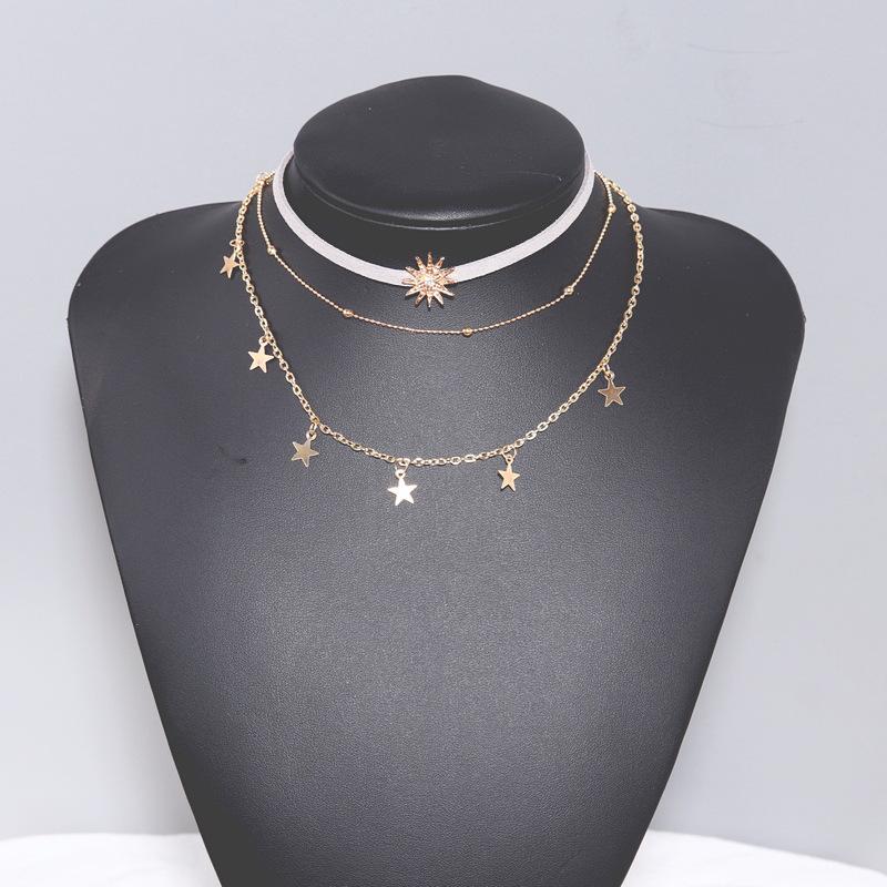 C031 Multi-layer Star Velvet Sliced Five-pointed Star Women's Collarbone Chain Sun Multi-layer Necklace Bead Chain