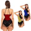 Bayan Latin Cha-Cha Dans Performansı Kostüm Köpüklü Payet Bodysuit Kolsuz Saçaklı Leotard Elbise
