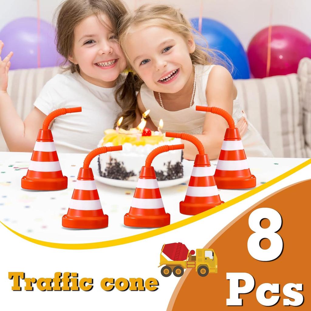 Sawysine 8 Pack Construction Cone Cups with Straws Bulk, Traffic Cones Party Favor 10 Oz Plastic Reusable Kids Race Cups Set for Construction Traffic