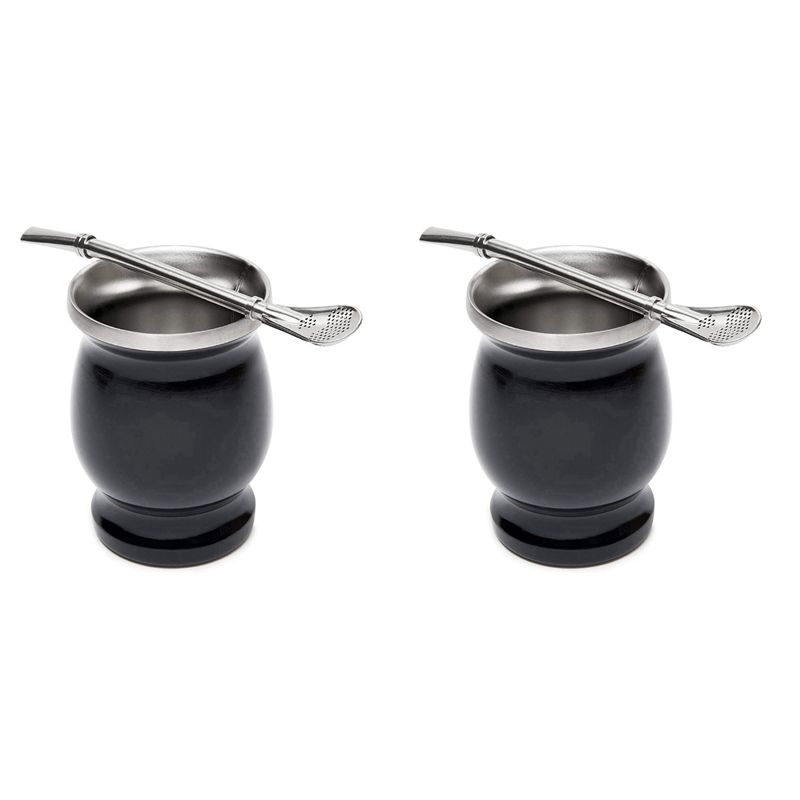 A84E-2X Yerba Mate Gourd Set Double-Wall Stainless Steel Mate Tea Cup And Bombilla 8 Ounces Bombillas Yerba Mate Straw Black