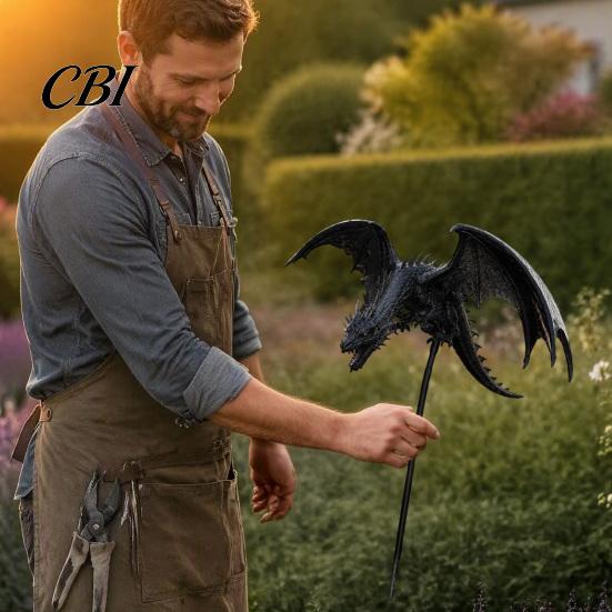 Outdoor Metal Dragon Ornaments Solar Garden Stake Light with Breathing Flame Fiber Optic Effects, Energy Efficient Stakes Waterproof Powered