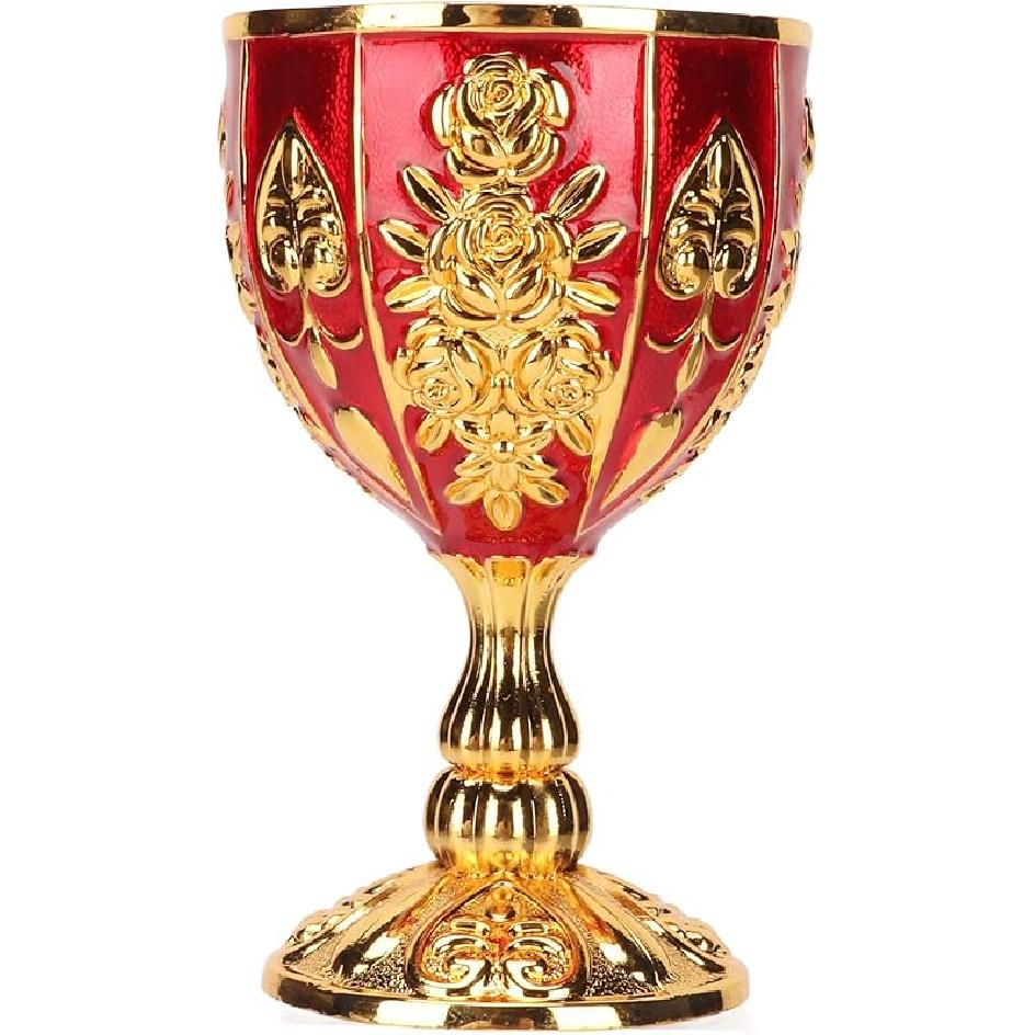 Золотая чаша Винтажный золотой кубок, 4 дюйма Сплошной сплав цинка Ретро тисненый цветочный узор Элегантный кубок для вечеринки, банкета, бара, 4,1 x 2,5 дюйма Gold Red