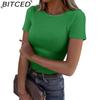 BITCED Women's Short Sleeve Stretch O-Neck Ribbed T-Shirt Fitted Casual Basic Top