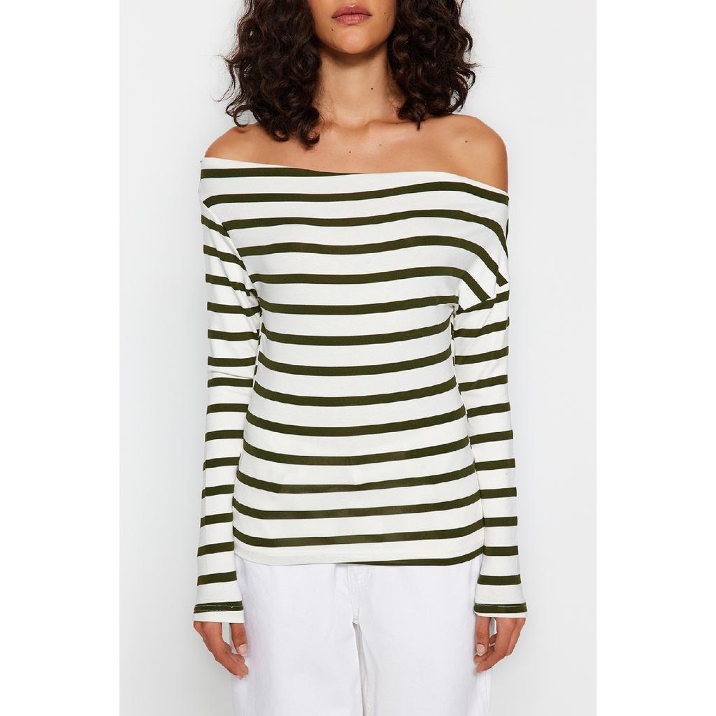 Marineblau gestreifte, hochwertige, weiche Strickbluse mit U-Boot-Ausschnitt und taillierter Passform Twoaw24bz00227