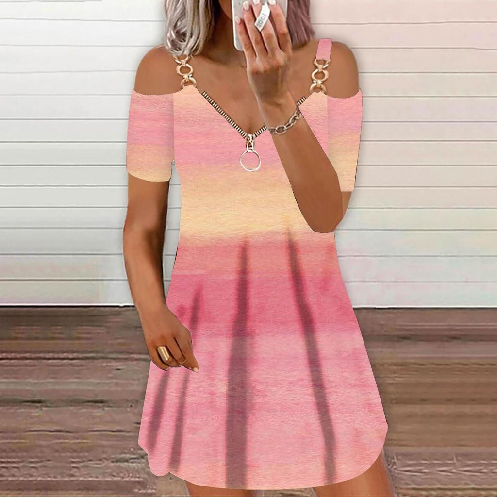 Ladies Casual Sexy Printed Zip V-neck Loose Fashion Off-shoulder Dress