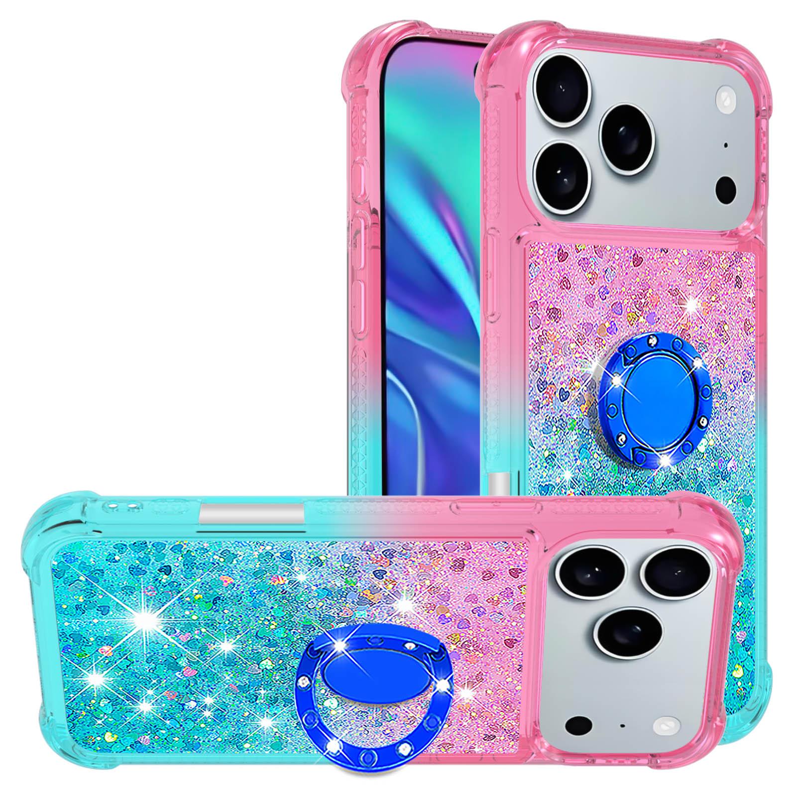 

For iPhone 17 Pro TPU Case with Kickstand Gradiant Quicksand Shockproof Cover Pink+Sky Blue