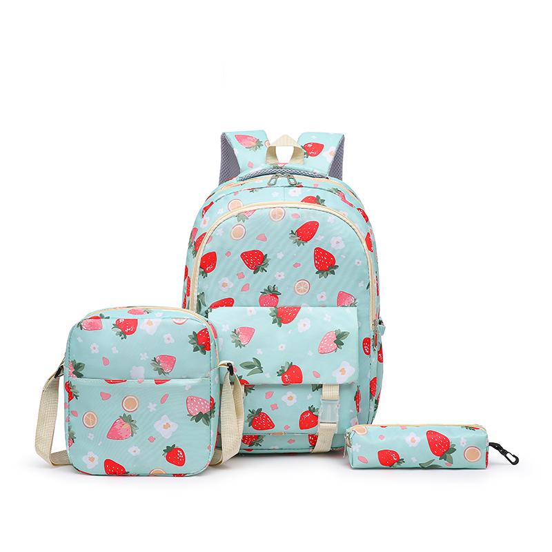 Strawberry Print Backpack Set Student Three-Piece Schoolbag Women's Large Capacity Water-Repellent Graffiti Backpack