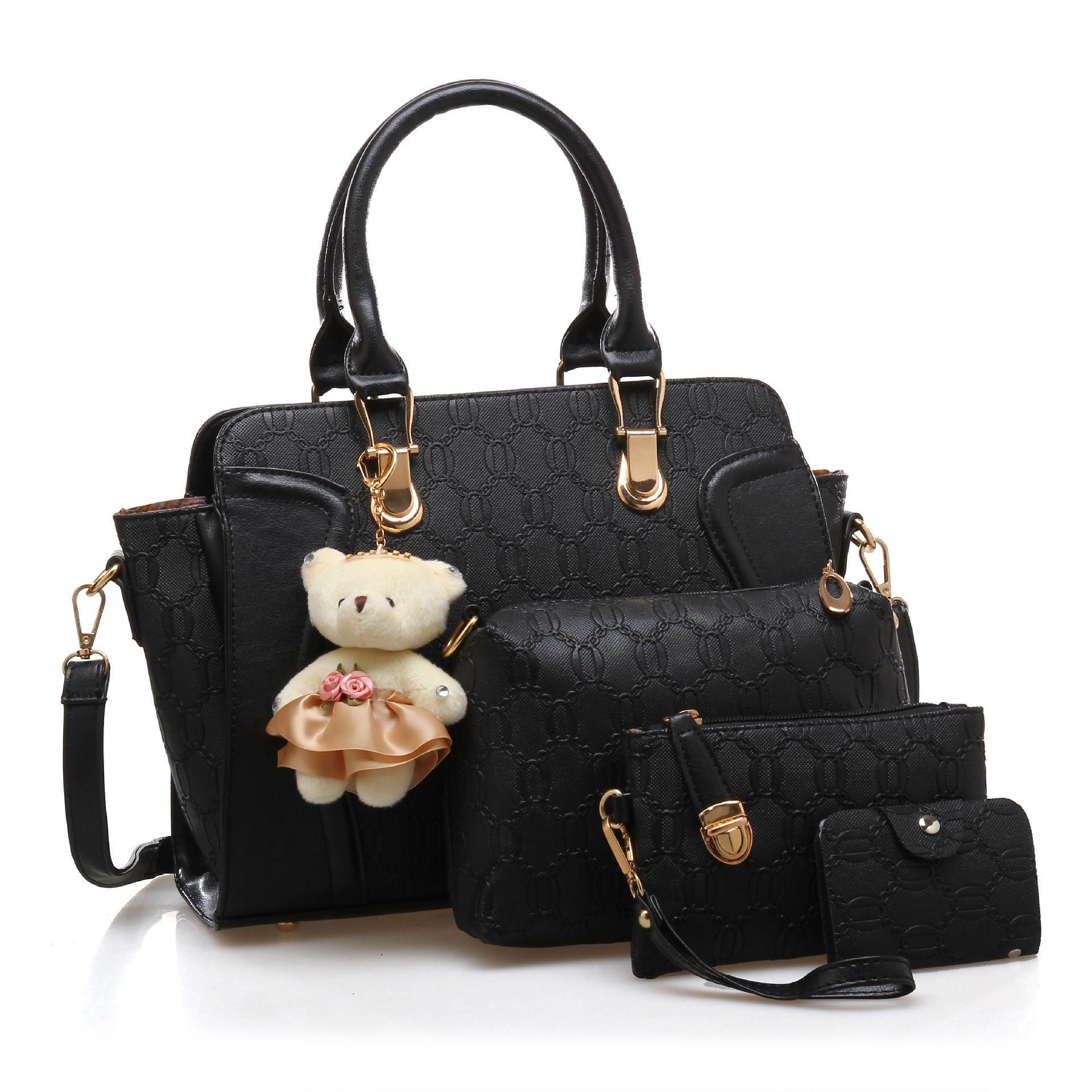

omen s bag new embossed four-piece set, mother and child bag, bear shoulder crossbody handbag, one piece. чёрный
