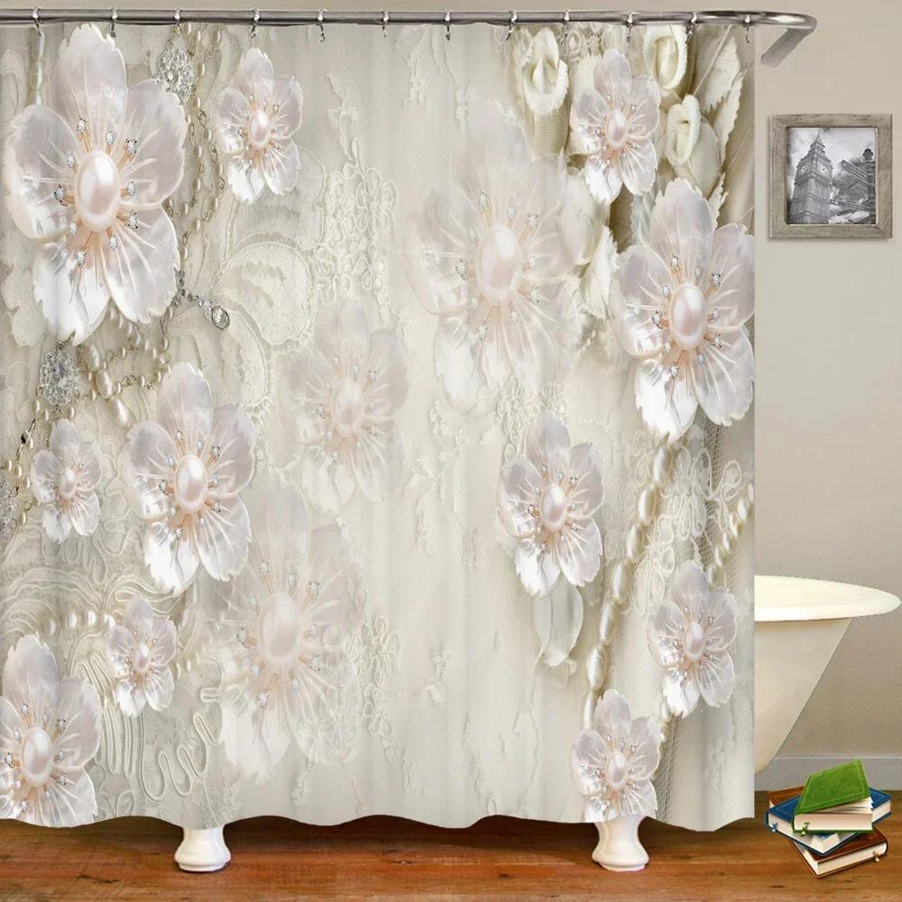 3D European Beautiful Flower Printing Bathroom Curtain Waterproof Polyester Shower Curtain Home Decoration Curtain With Hooks