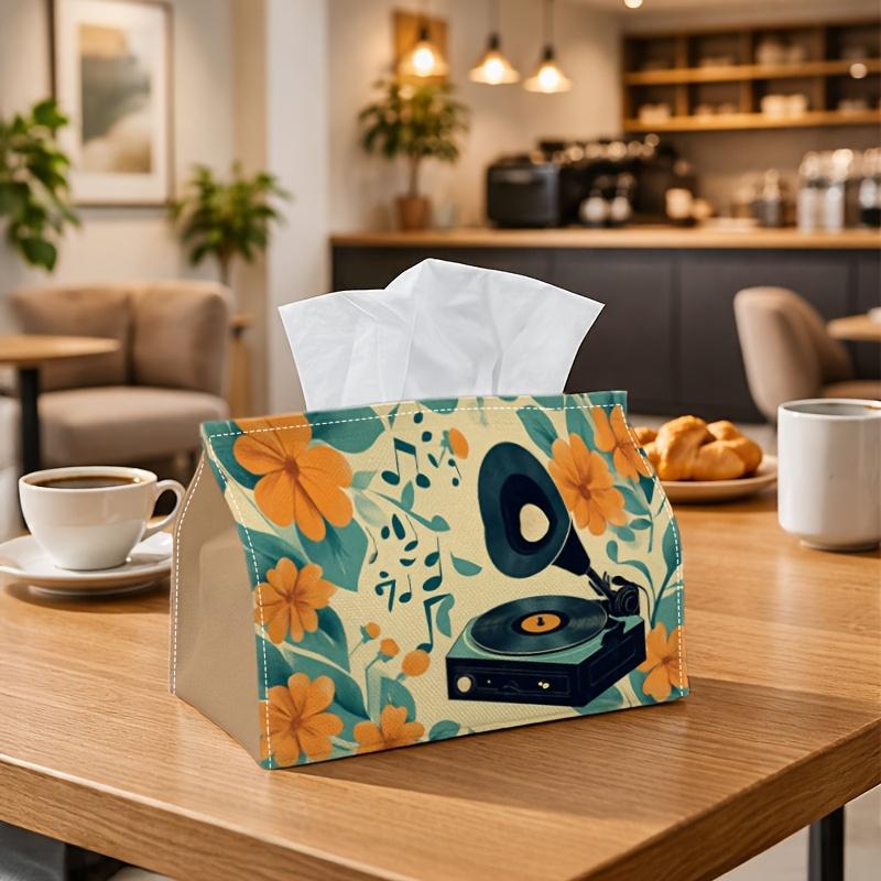 1pc Vintage Aesthetic Music Yellow Tissue Box with Gramophone Floral Orange-Fabric Napkin Storage Organizer for Kitchen,Car,Elegant Decorative Box,Pur