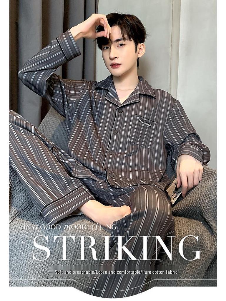 Męska bawełniana piżama - Nowość 2025, kardigan z długim rękawem, luźny krój, plus size, do noszenia wiosną i jesienią, do wewnątrz/na zewnątrz