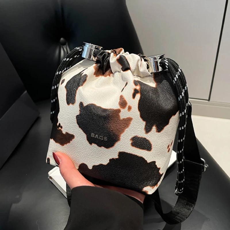 

Mini Bag For Women Leopard Leather Bucket Crossbody Bag Small Phone Bag Drawstring Shoulder Bags Wide Strape Female Bolsa Black