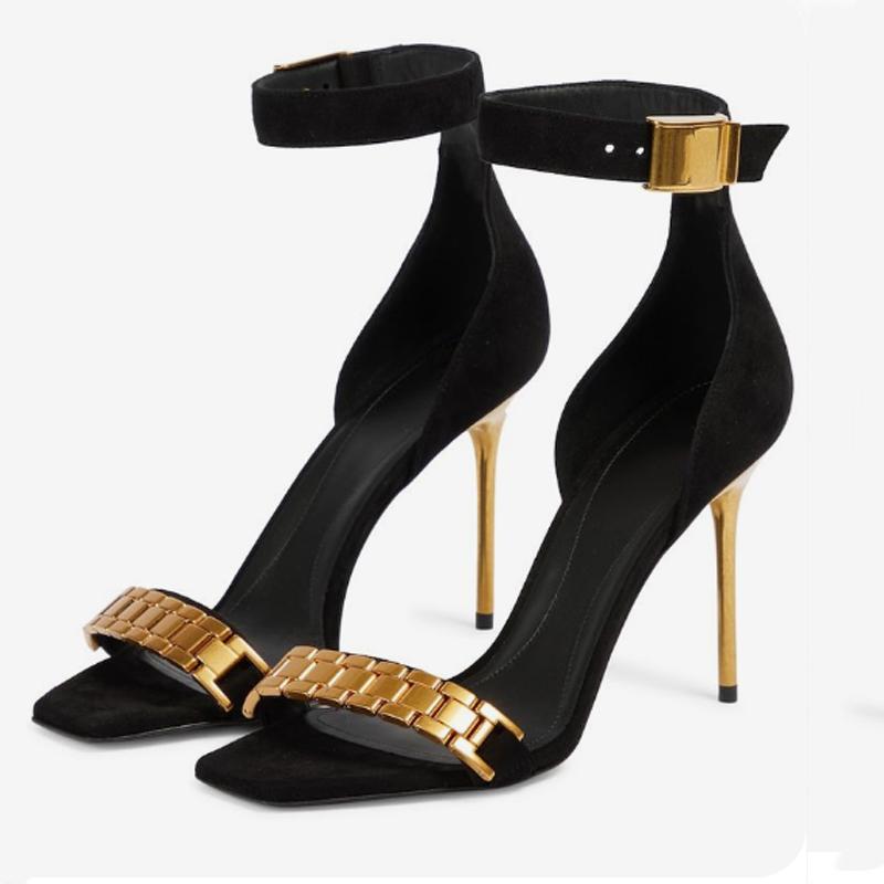 

Gold Metal Watch Luxury Brand Sandal Sexy Square Head Open -Toe Leather Buckle Sandals Fashion Party High Heels Women Shoes