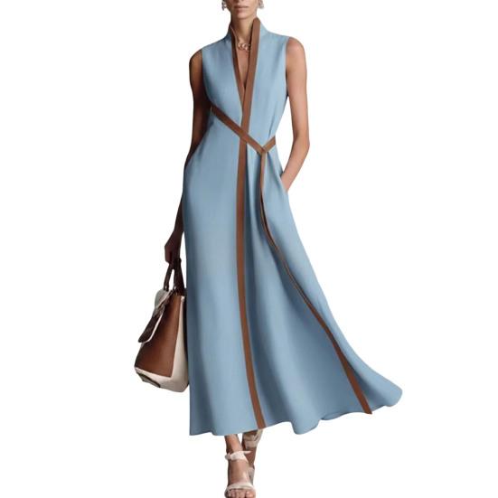 Sommer ärmelloses Kleid für Damen, lässig, Stehkragen, V-Ausschnitt, Maxikleid, fließend