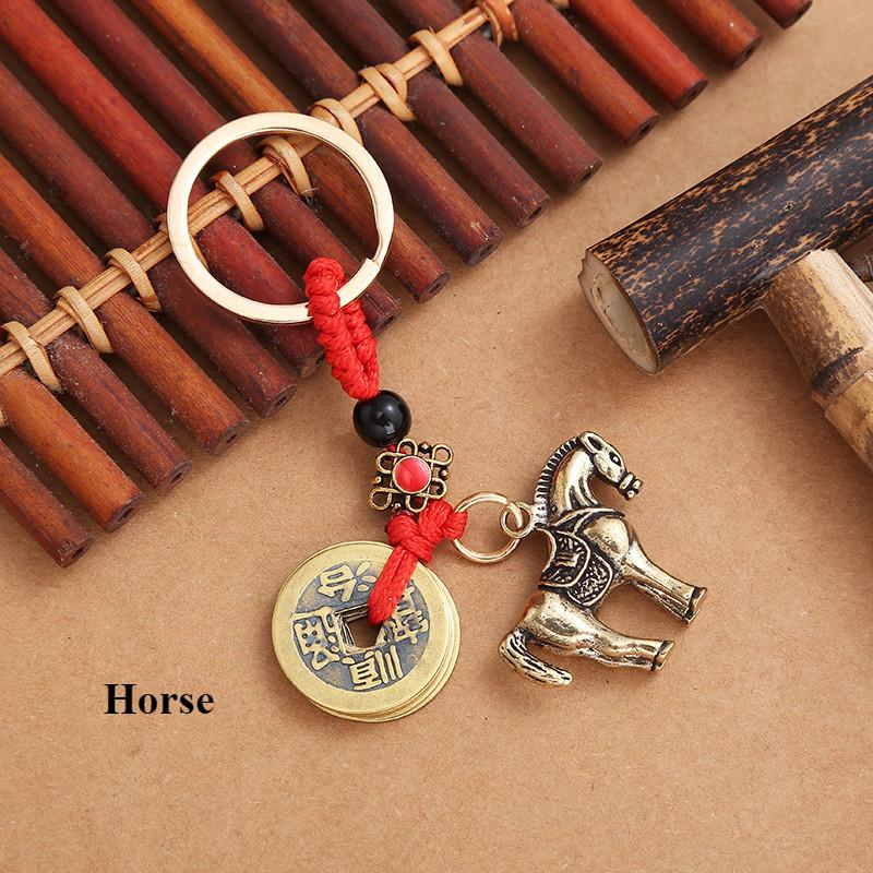 Pure Brass 12 Zodiac Keychain Pendant Five Emperors Money Lucky Key Ring Accessories Creative 3D Birth Year Women Men Bag Pendant New Year's Day Gifts