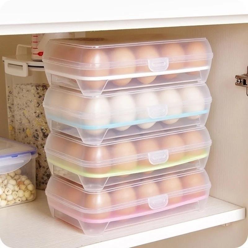 Kitchen 15 Grids Refrigerator Egg Box Stackable Plastic Fresh-keeping Box with Lid Household Food Storage Transparent Eggs Tray