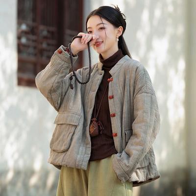 Winter Women Button Warm Solid Color Coats Chinese Style Long Sleeve Pockets Coats
