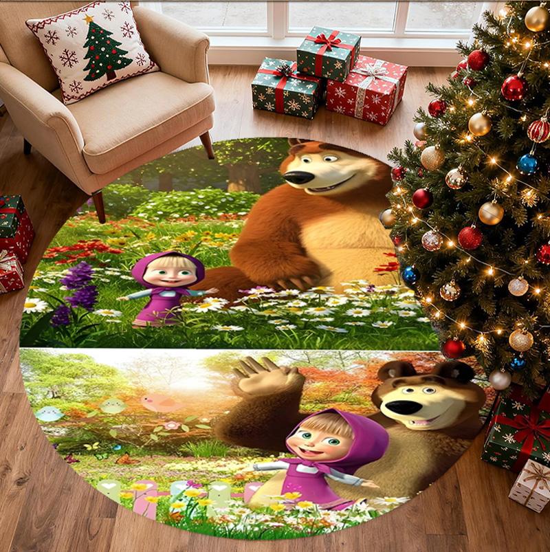 Masha and The Bear Pattern Round Rug, Indoor/Outdoor Mat, for Picnic, Gameroom, Bedroom, Office, Living Room, Home Decor Carpet, Birthday Gift