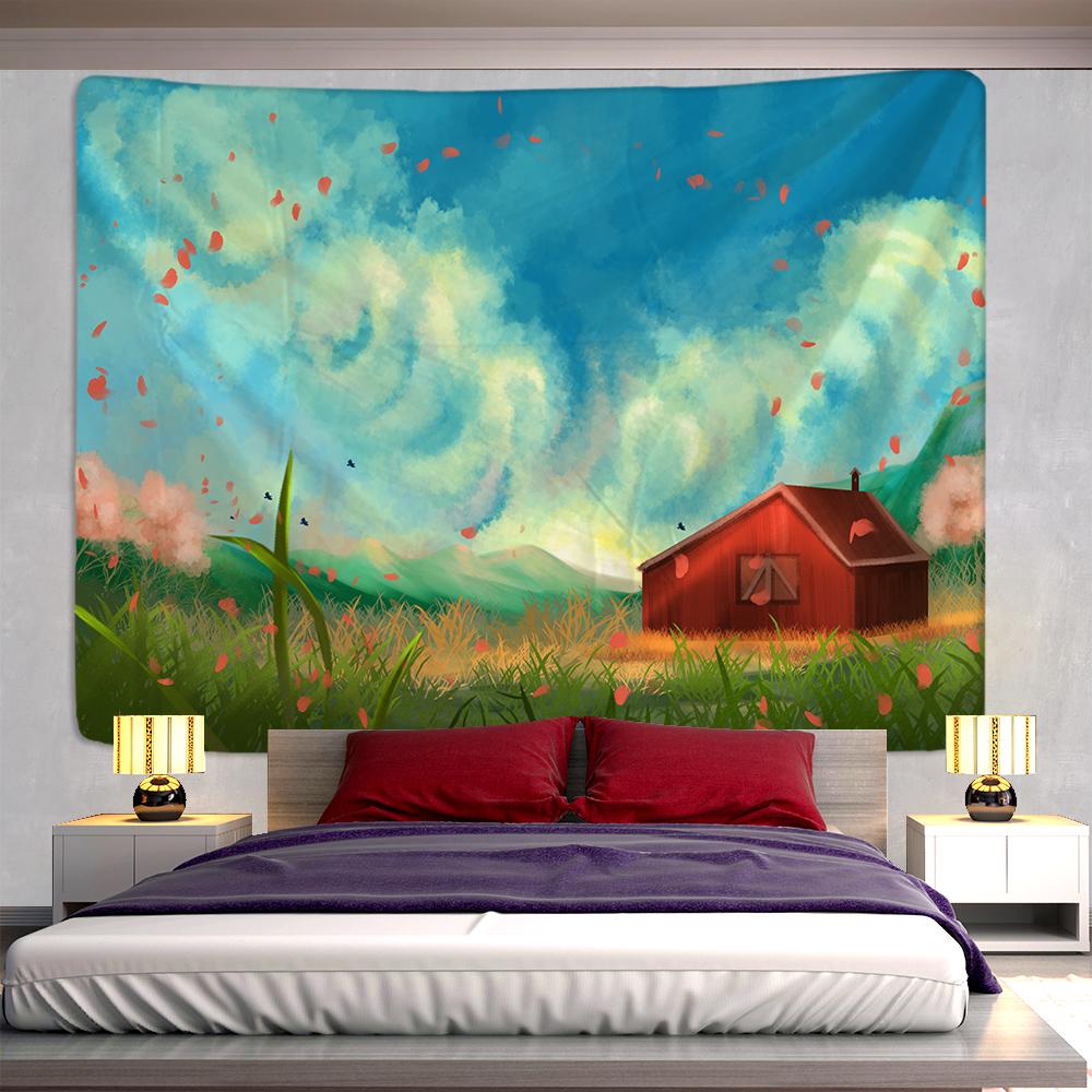 Red House Oil Painting Tapestry Wall Hanging Blue Sky Grassland Bohemian Psychedelic Farm Dormitory Studio Wall Decor