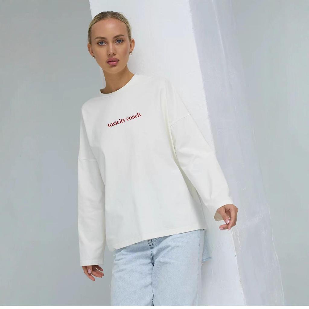 Vielseitiges Damen Langarm T-Shirt aus reiner Baumwolle in mittlerer Länge – Europäisch/Amerikanischer Herbststil