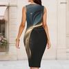 Women Plus Size Round Neck Sleeveless Printed Black Gold Bodycon Midi Dress