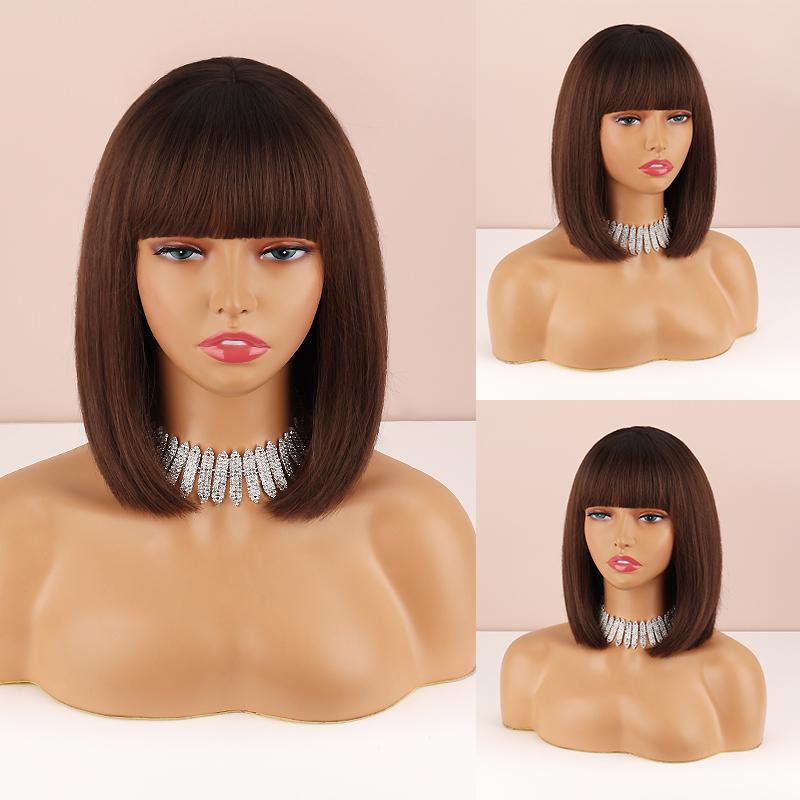 MISS WIG Ombre Brown Blonde Color Women Fashion Short Straight Bob Wig with Bangs Synthetic Fiber Natural Bob Daily Wear Wig