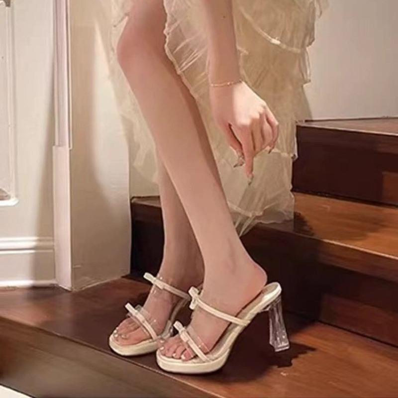 New Transparent Slippers Women's Shoes Square Heel Heeled Mules Luxury Slides Pantofle Jelly Flip Flops Block High Designer