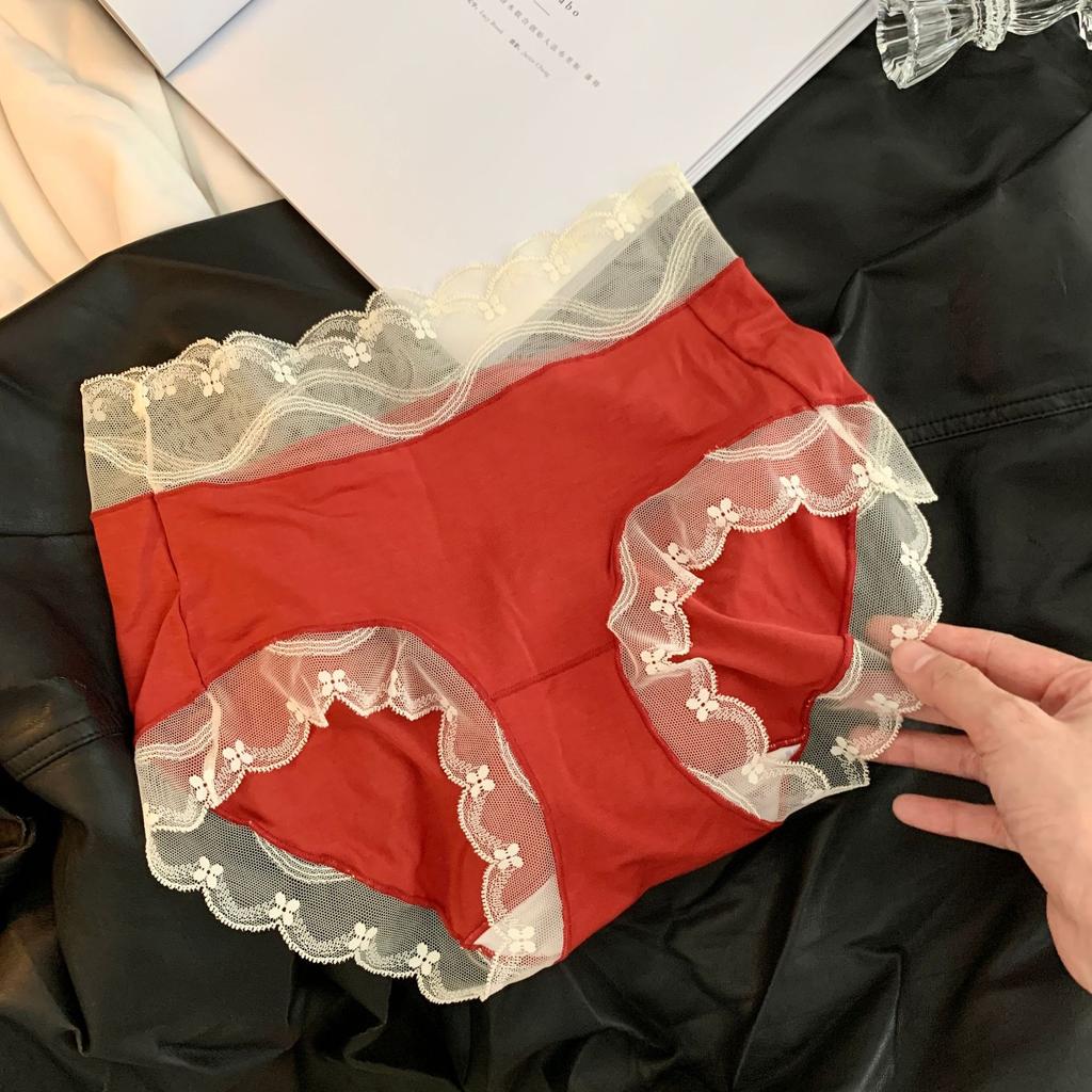 Ladies Spring and Autumn Lace Benming Year Red 10A Extended Antibacterial Crotch Mid Waist Panties