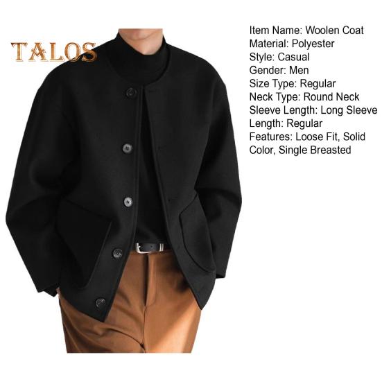 Men Woolen Coat Round Neck Long Sleeve Single Breasted Regular Fit Solid Color Jacket with Pockets Winter Overcoat