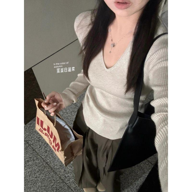 

Outwear Silm Slim Looking Easiest for Match V-neck Sweater Milk Tea XL