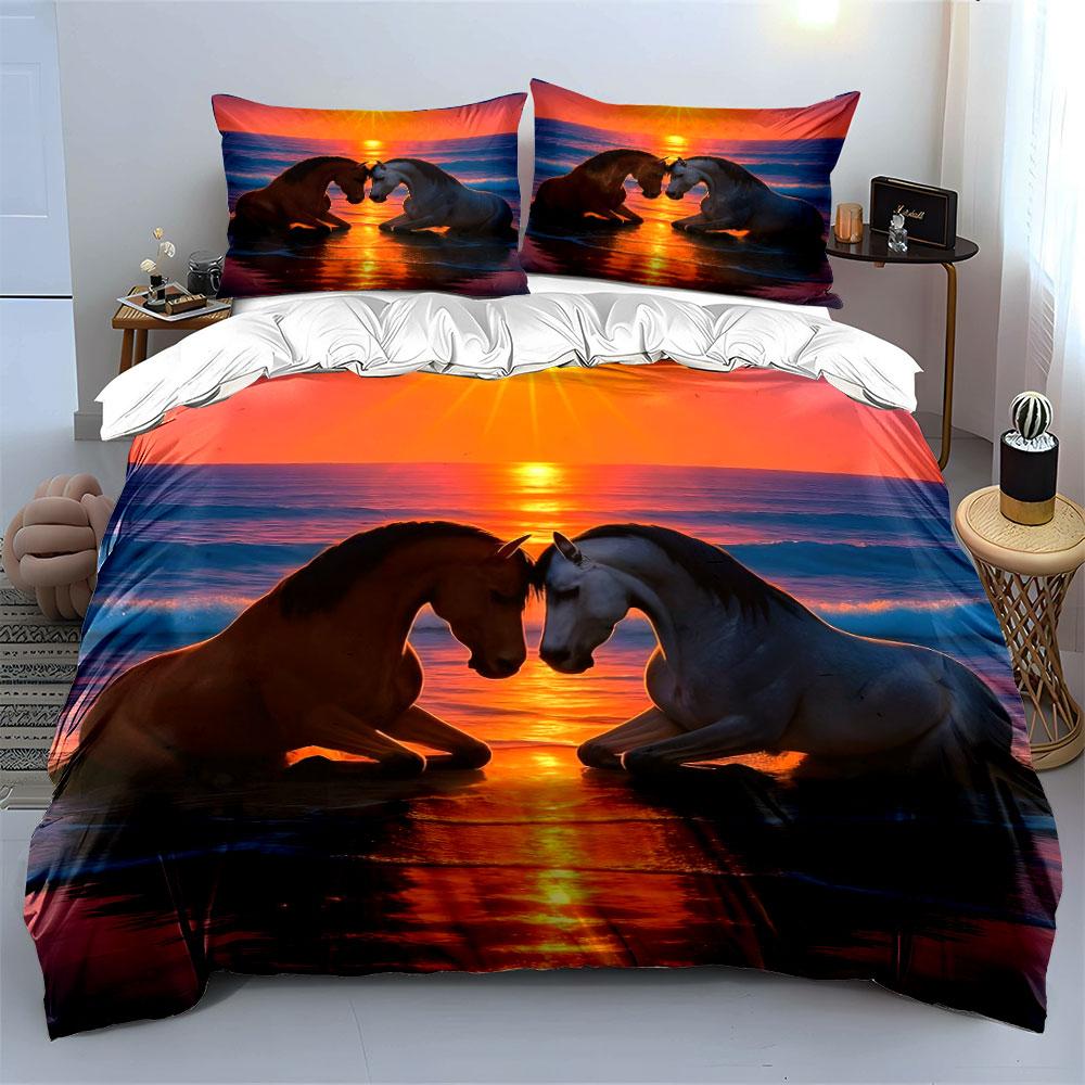 Romantic Sunset Horse Decor Set Bedding Set with 1 Duvet Cover 2 Pillowcases Single Double King Queen, Gift